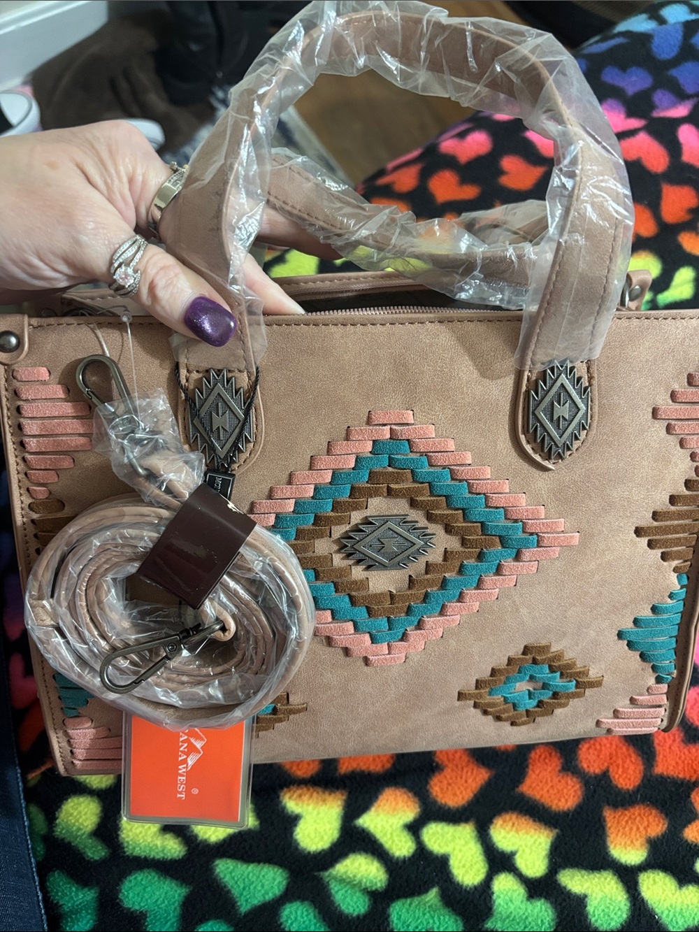 Montana West Tan Satchel with Teal and Rust Aztec Embroidery - Picture 5 of 6